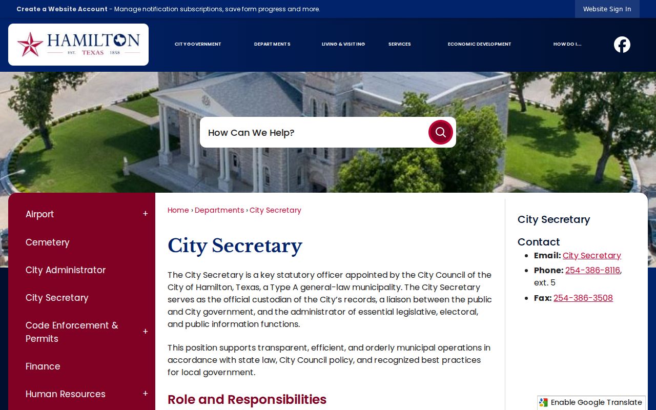 Hamilton city records custodian page for a Hamilton criminal record check